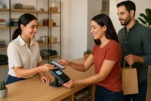 Fotografía de mostrador moderno en comercio mexicano con terminal POS integrada, reflejando digitalización y eficiencia operativa