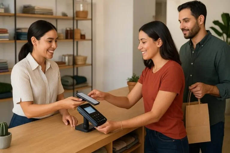 Fotografía de mostrador moderno en comercio mexicano con terminal POS integrada, reflejando digitalización y eficiencia operativa