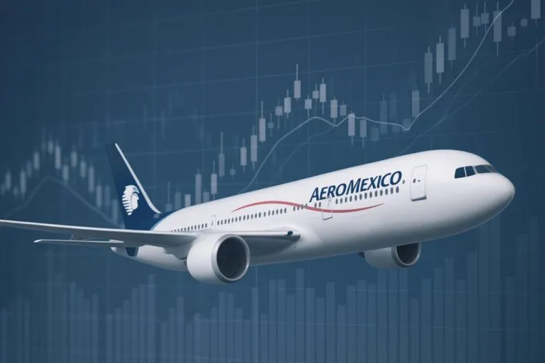 Avión de Aeroméxico superpuesto con gráficos bursátiles y enfoque en oferta pública