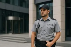 Empleado de seguridad privada en Argentina con uniforme frente a edificio corporativo, reflejando aumento salarial de octubre