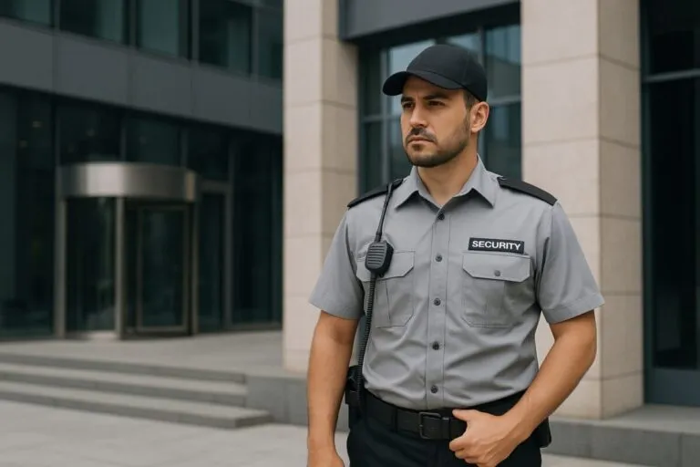 Empleado de seguridad privada en Argentina con uniforme frente a edificio corporativo, reflejando aumento salarial de octubre