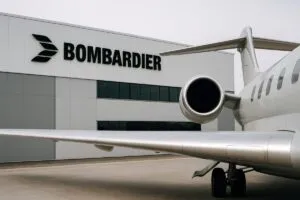 Fachada moderna del centro aeroespacial de Bombardier en Querétaro con detalles de aeronave en primer plano