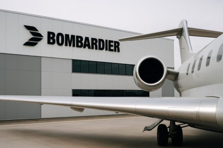 Fachada moderna del centro aeroespacial de Bombardier en Querétaro con detalles de aeronave en primer plano