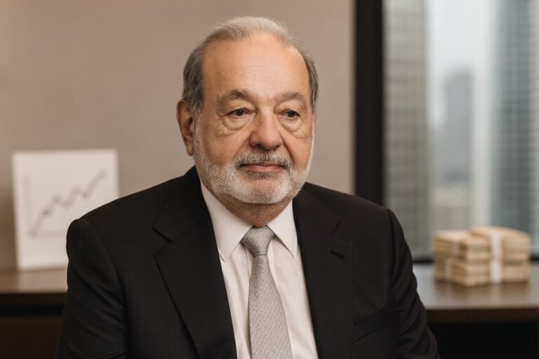 Retrato profesional de Carlos Slim reflejando su trayectoria empresarial e imagen de negocios