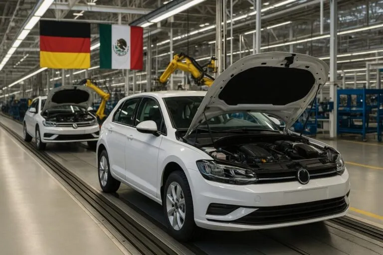 Línea de producción automotriz en México con banderas de Alemania y México como símbolo de colaboración industrial
