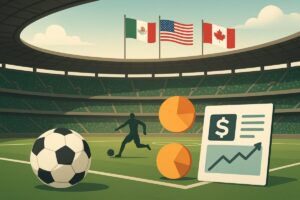Estadio en México con gráficos que ilustran el beneficio fiscal aprobado para empresas del Mundial 2026