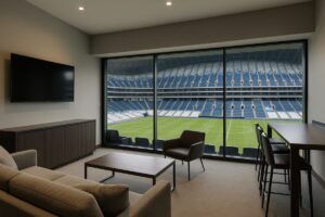 Interior moderno de suite VIP en Estadio BBVA con vista al campo y diseño corporativo