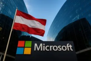 Ilustración de estudiantes frente a una pantalla con advertencias de privacidad, destacando el logotipo de Microsoft