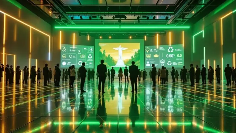 Funcionarios del Gobierno de la CDMX y representantes de empresas como Bimbo, Heineken, CEMEX y Tetra Pak presentan “Empresas que Inspiran” bajo iluminación verde y plateada, con enfoque en sostenibilidad y reducción de emisiones. México por el Clima.