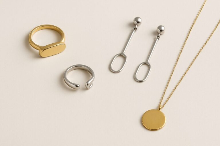 Joyas artesanales modernas sobre fondo neutro que reflejan el estilo sostenible de la joyería moderna en España