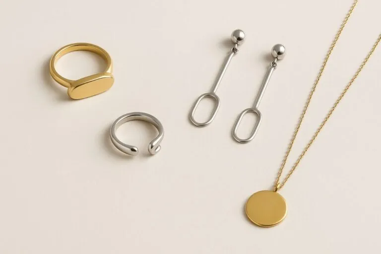 Joyas artesanales modernas sobre fondo neutro que reflejan el estilo sostenible de la joyería moderna en España