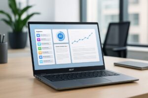 Vista de los nuevos Acer Chromebook Plus Enterprise con pantalla encendida, resaltando diseño metálico y aplicaciones con IA