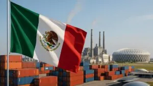 Bandera de México junto a contenedores y estadios como símbolo del equilibrio entre T-MEC y Mundial 2026