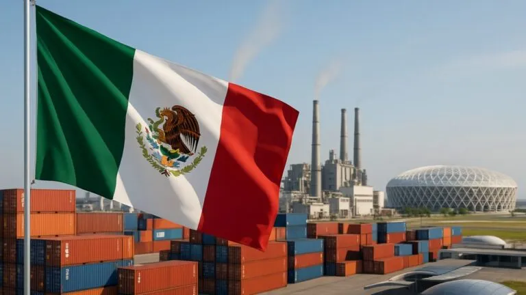 Bandera de México junto a contenedores y estadios como símbolo del equilibrio entre T-MEC y Mundial 2026