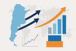 Gráfico de crecimiento comercial con mapa de Argentina simbolizando ventaja arancelaria