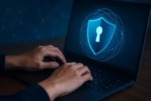 Manos tecleando en laptop con ícono de escudo, simbolizando protección digital en empresas mexicanas