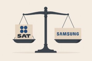 Ilustración de una balanza con el logo del SAT de un lado y el de Samsung del otro, representando el conflicto fiscal por doble IVA