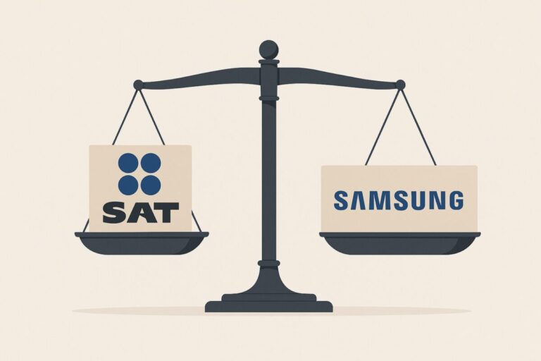 Ilustración de una balanza con el logo del SAT de un lado y el de Samsung del otro, representando el conflicto fiscal por doble IVA