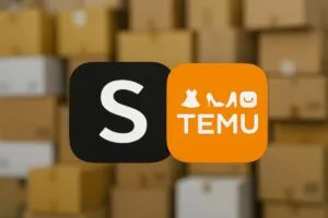Logos de Shein y Temu con fondo de paquetes, representan la inteligencia artificial en comercio