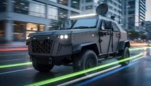 Vehículo blindado tipo SUV avanzando por una ciudad con luces de neón en movimiento, representando la movilidad segura y tecnológica de ShelHa Soluciones.