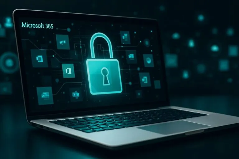 Ilustración de un entorno corporativo protegido digitalmente, con énfasis en actualizaciones de seguridad de Microsoft 365