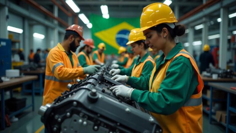Trabajadores industriales en una planta brasileña afectados por aranceles de Estados Unidos.