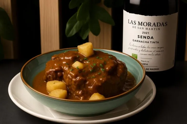 Plato gourmet de carne de toro en salsa con papas y vino tinto servido en restaurante de Girona, premiado en ruta gastronómica