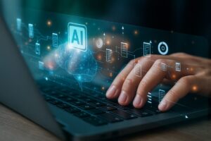 Persona interactuando con inteligencia artificial desde una computadora portátil, visualizando datos digitales en tiempo real