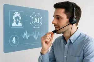 Representación visual de un sistema de atención al cliente con IA generativa y canales de voz inteligentes