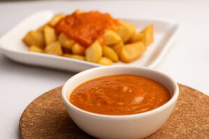Salsa brava servida sobre papas en un restaurante español, en contexto de reconocimiento oficial por la RAE