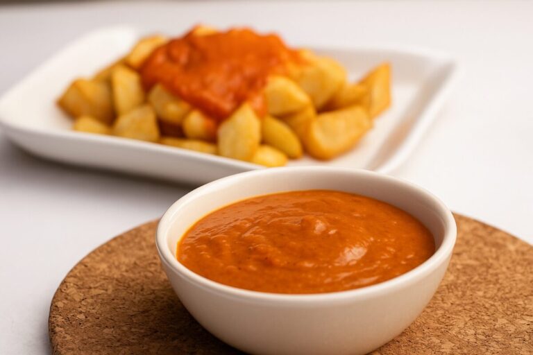 Salsa brava servida sobre papas en un restaurante español, en contexto de reconocimiento oficial por la RAE