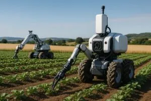 Robots agrícolas trabajando en un campo español, simbolizando innovación y eficiencia en cultivos