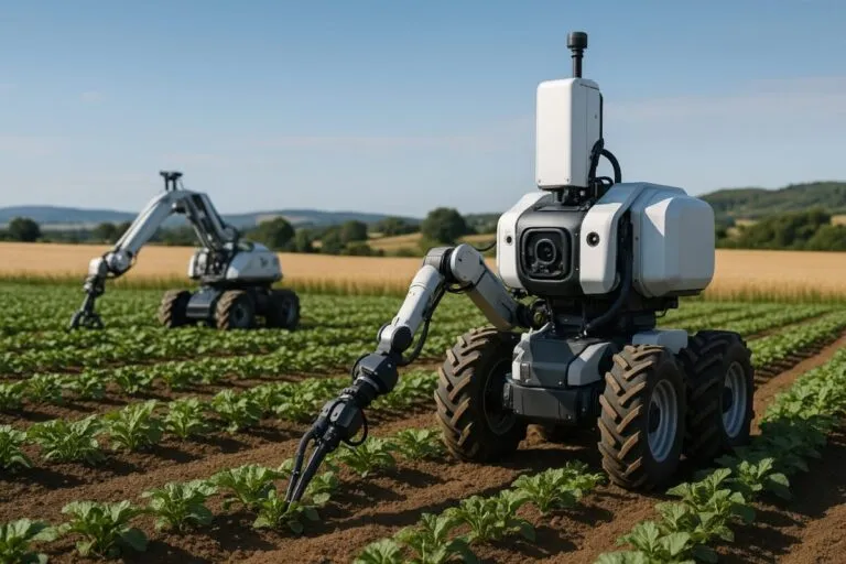 Robots agrícolas trabajando en un campo español, simbolizando innovación y eficiencia en cultivos