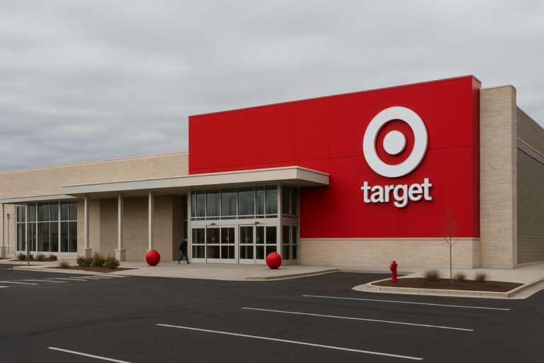Exterior de tienda Target en Estados Unidos con menos clientes, ilustrando baja en ventas y consumo minorista
