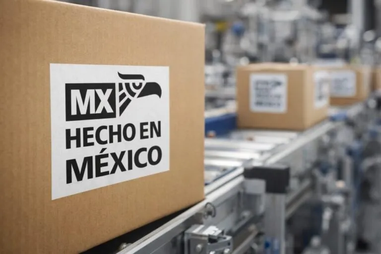 Sello de certificación Hecho en México en productos nacionales dentro de una fábrica moderna