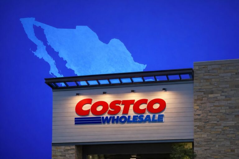 Sucursal de Costco México con fondo azul y silueta del país como parte de su plan de expansión 2025