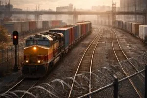 Tren de carga circulando en red ferroviaria restringida bajo condiciones monopólicas en México