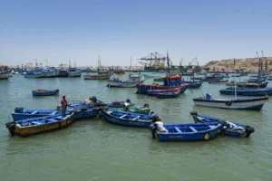 Puerto pesquero peruano con embarcaciones y productos marinos destinados a exportaciones pesqueras Perú 2025