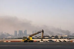 Vista aérea de puertos y aeropuertos del Golfo afectados por cierres y paralización empresarial debido a tensiones regionales
