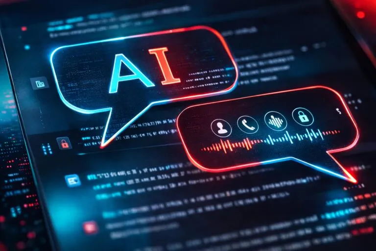 Oficina moderna con alertas digitales que representan llamadas falsas y riesgos de seguridad corporativa.