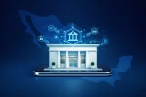 Representación de neobanco digital y pequeñas empresas mexicanas conectadas mediante servicios financieros digitales
