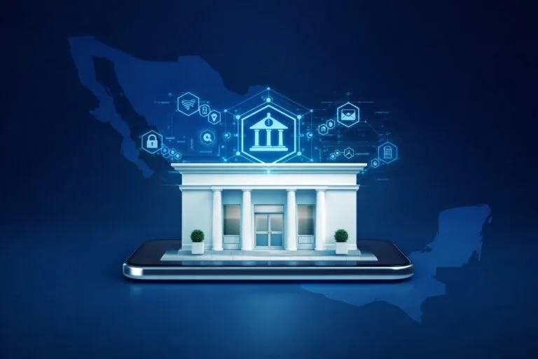 Representación de neobanco digital y pequeñas empresas mexicanas conectadas mediante servicios financieros digitales