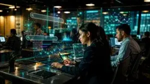 Profesionales analizan dashboards digitales con inteligencia artificial en un centro financiero moderno en México, con gráficos holográficos y datos en tiempo real