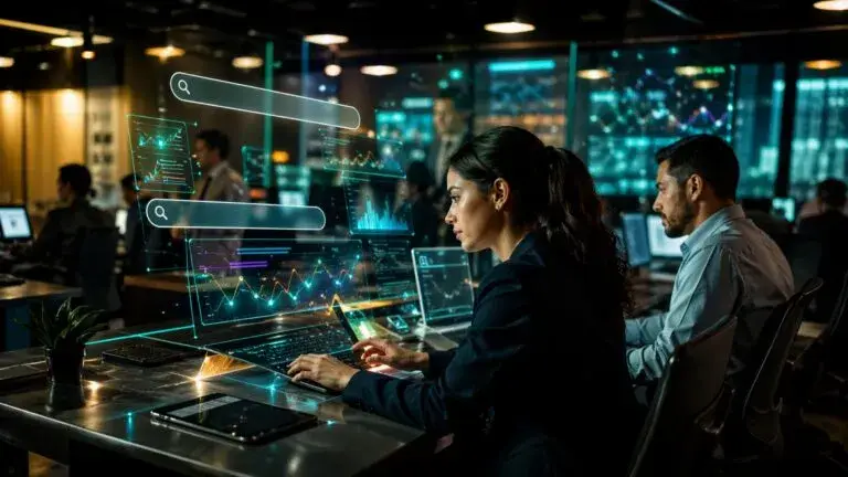 Profesionales analizan dashboards digitales con inteligencia artificial en un centro financiero moderno en México, con gráficos holográficos y datos en tiempo real