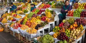 Puestos de frutas, verduras, carne y pollo en mercados tradicionales de México relacionados con abastecimiento alimentario