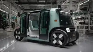 Robotaxi eléctrico de Zoox con diseño futurista durante pruebas en una calle urbana
