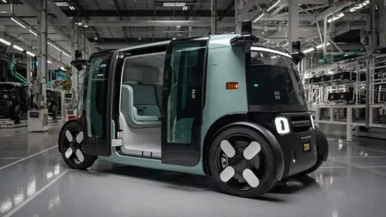 Robotaxi eléctrico de Zoox con diseño futurista durante pruebas en una calle urbana