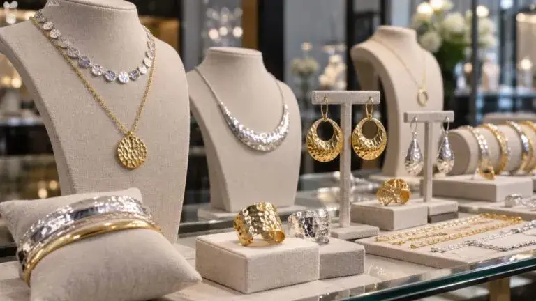 Joyería mexicana exhibida por mujeres empresarias durante una muestra comercial en Canadá con enfoque en exportación y negocios.