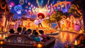 Arte conceptual de una atracción inspirada en Coco con música, flores de cempasúchil y celebración nocturna