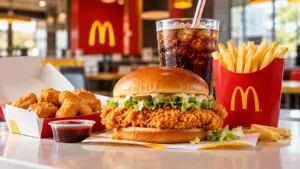 Sándwich de pollo, nuggets, papas y refresco en un restaurante McDonald’s